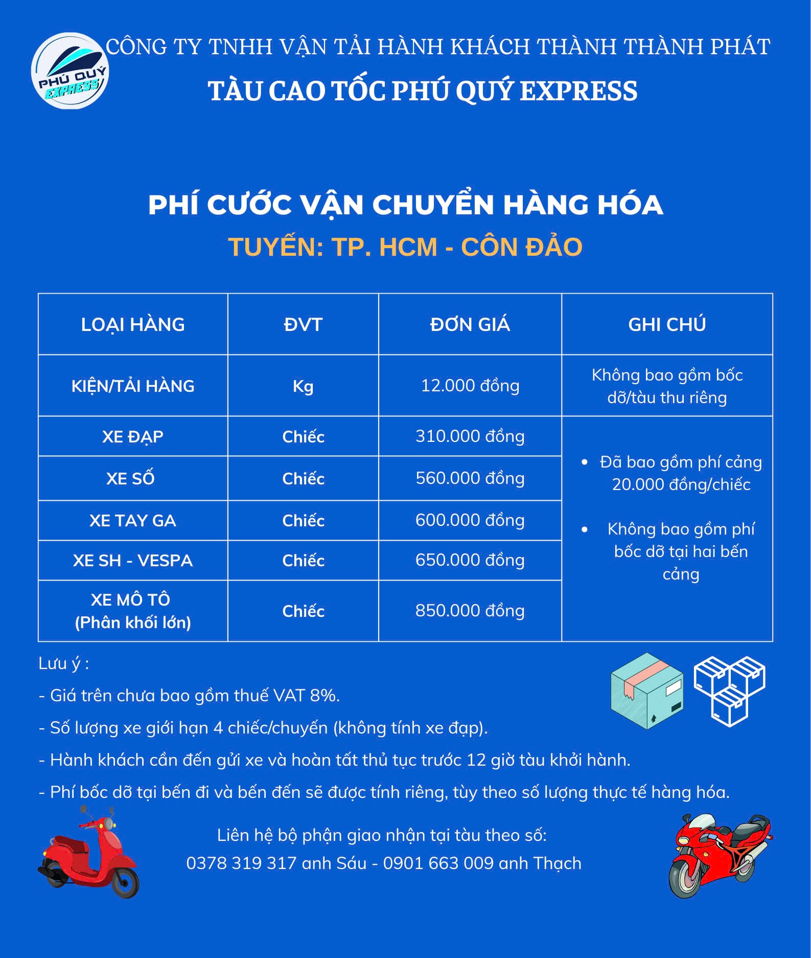 Phí cước vận chuyển hàng hóa tàu cao tốc Phú Quý Express Sài Gòn - Côn Đảo